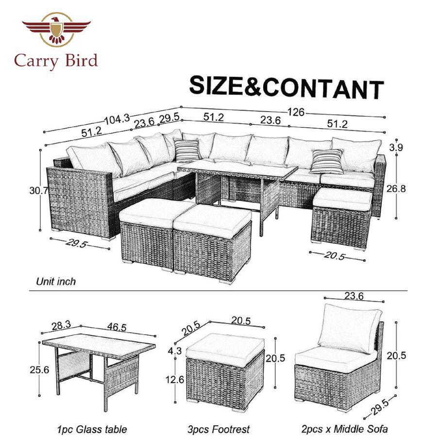 Carry Bird Patio Furniture Outdoor Conversation Set of 8 Garden Seating + 3 puffy with center table