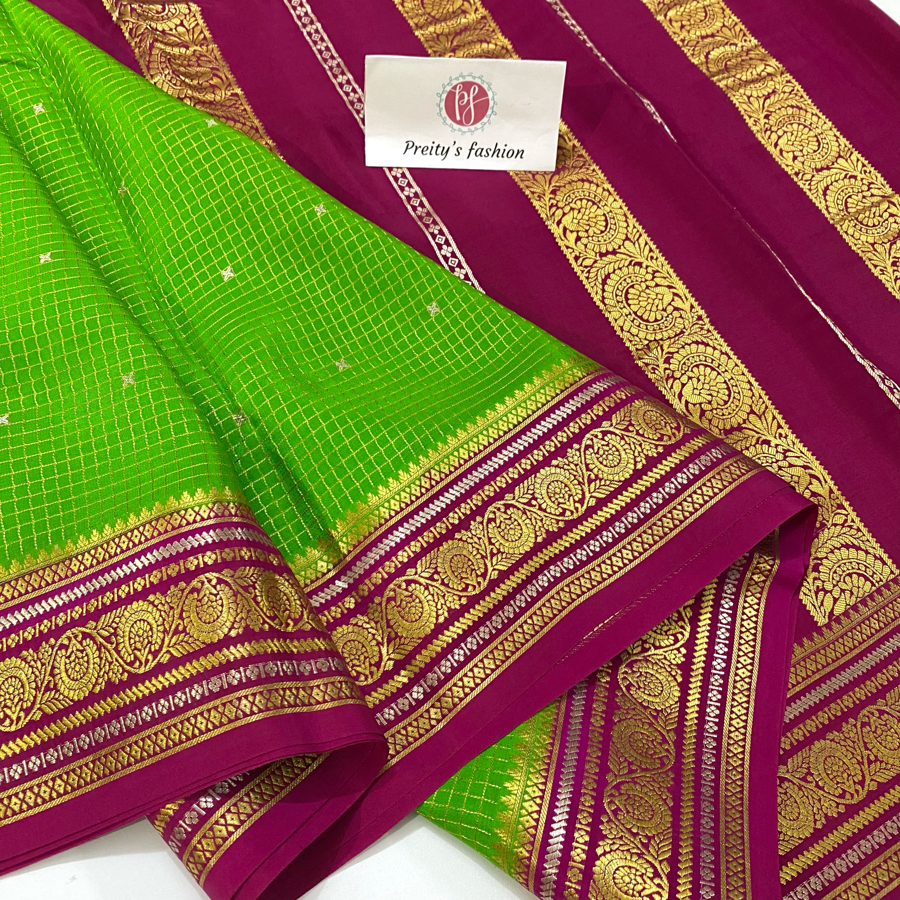 GREEN WITH PINK PURE MYSORE CREPE SILK
