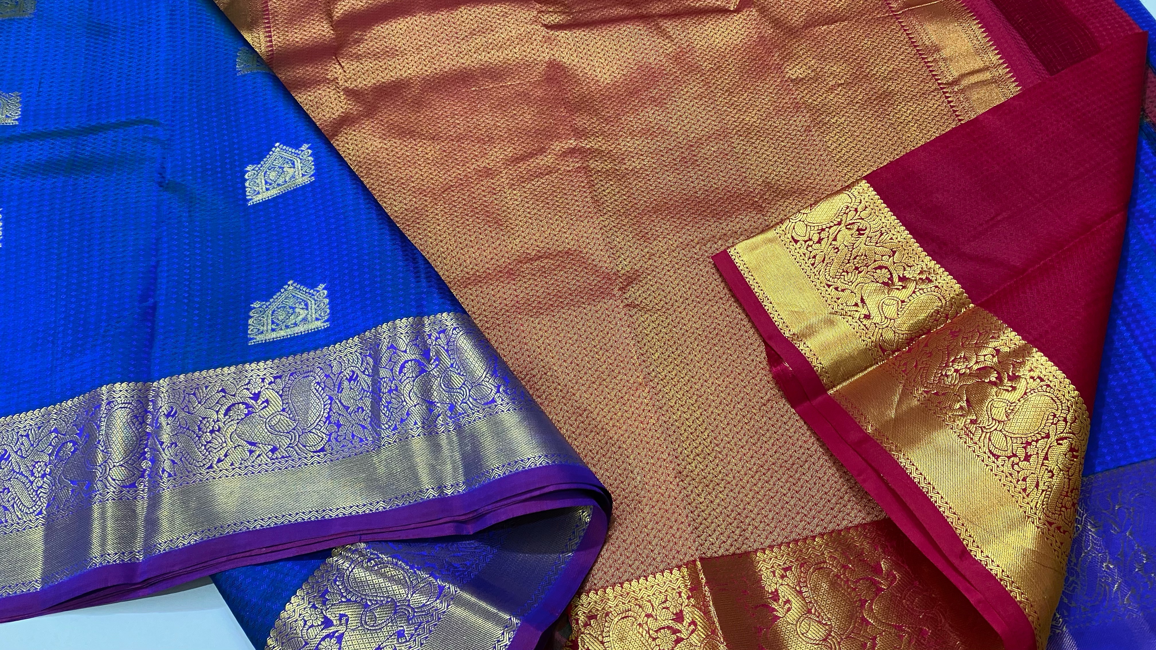 Blue With Reddish Pink Pure Kanchipuram Silk