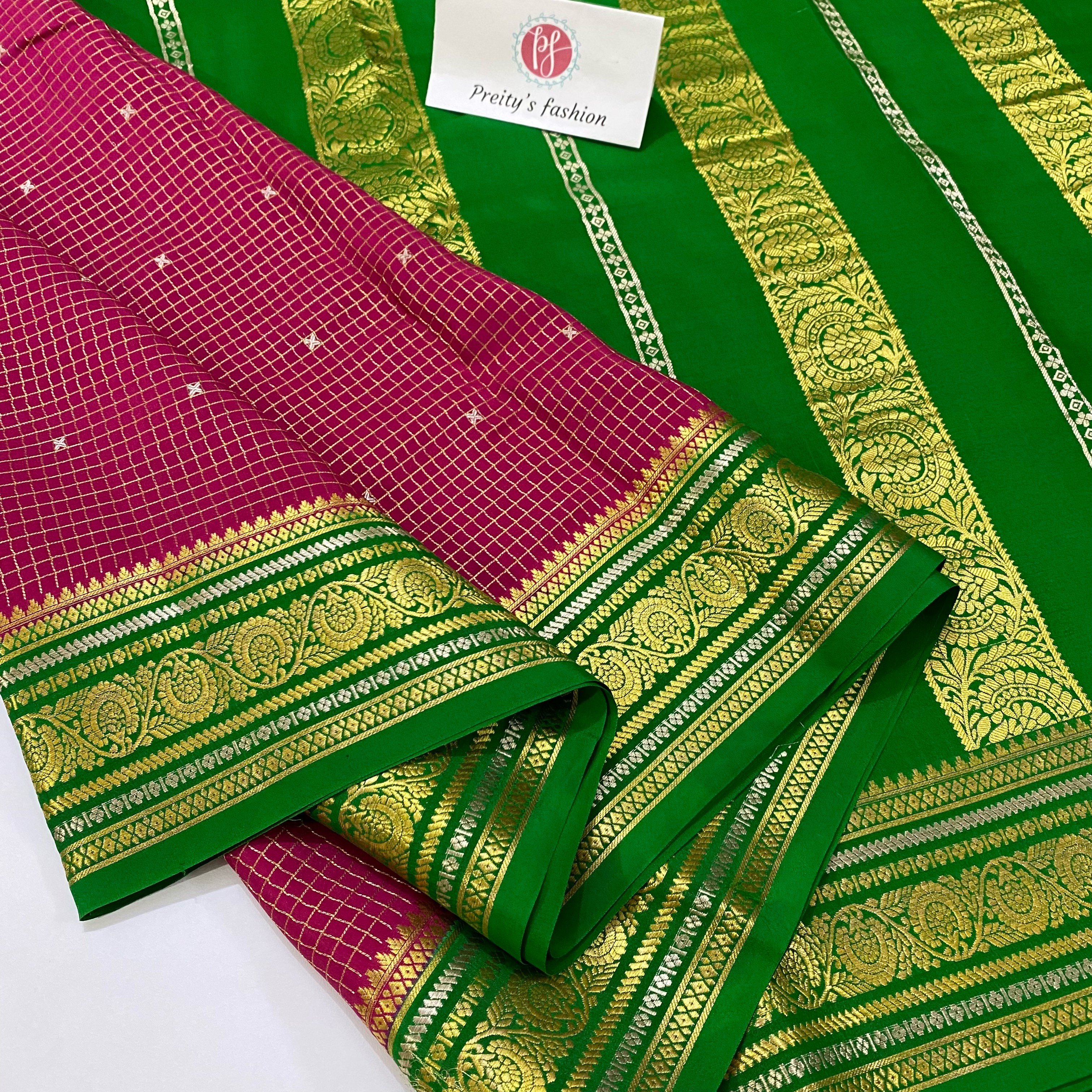 PINK WITH GREEN PURE MYSORE CREPE SILK