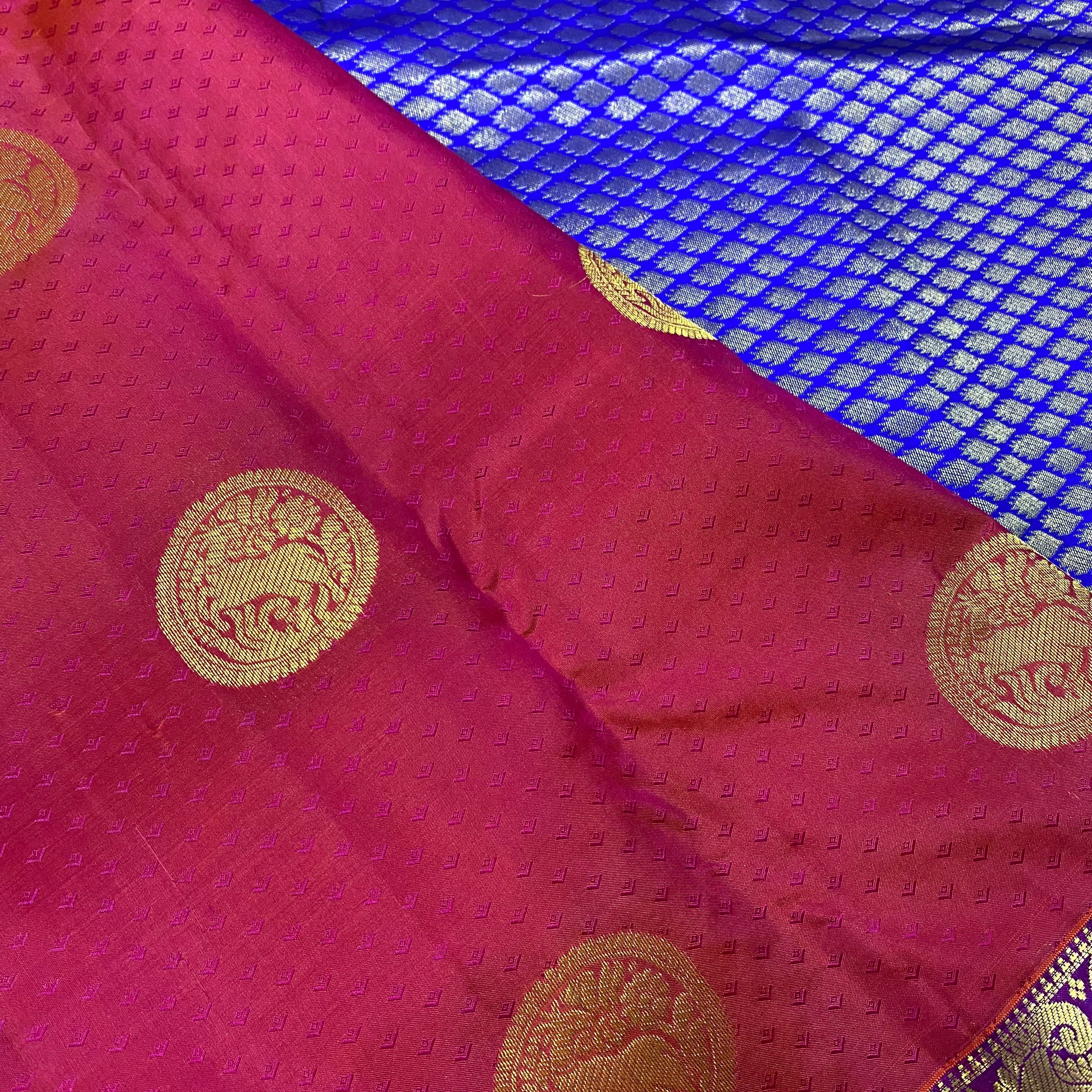Reddish Pink with Blue Pure Kanchipuram Silk Saree