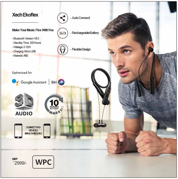 Xech Wireless Bluetooth Earphones EKO Flex in-Ear Neckband with Voice Assist Dual Pairing Hands Free Calling Long Battery Deep Bass BT v5.0 (Black)