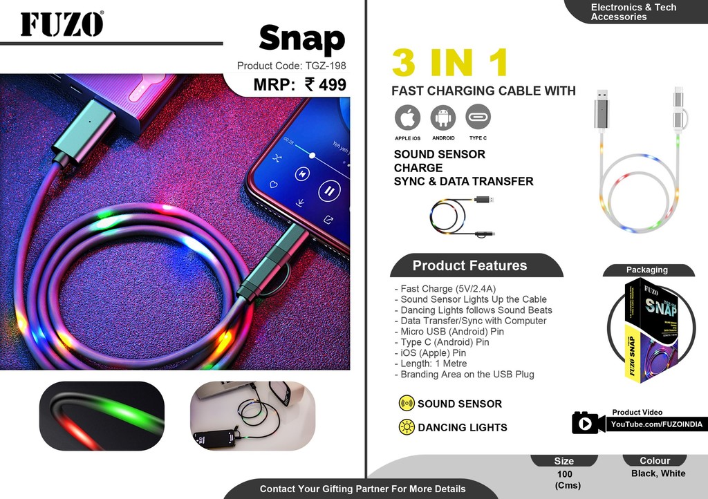 Snap 3 In 1 Fast Charging Cable With Sound Sensor & Data Sync/Transfer