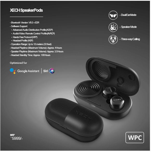 Xech True Wireless Earbuds (TWS) Speaker Pods with 3W Bluetooth Speaker Dual Pairing IPX4 Voice Assistance Single Touch Control Bluetooth 5.0 + EDR (Black)