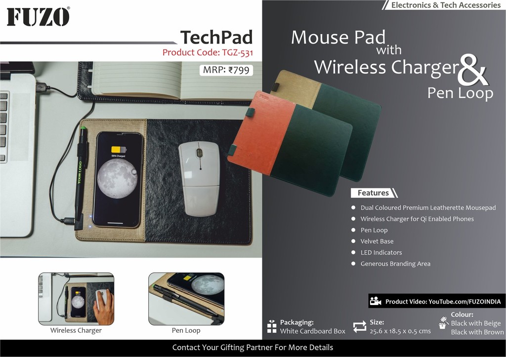 Mouse Pad With Wireless Charger & Pen Loop : FUZO TechPad