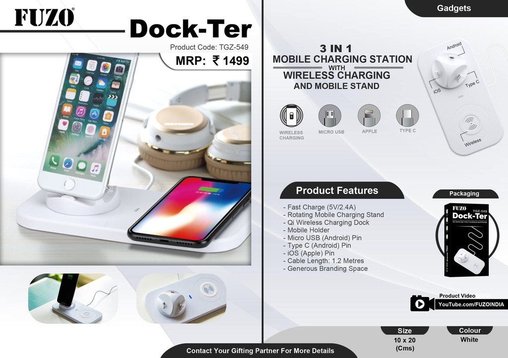 Dock-Ter 3 In 1 Mobile Charging Station With Wireless Charging And Mobile Stand