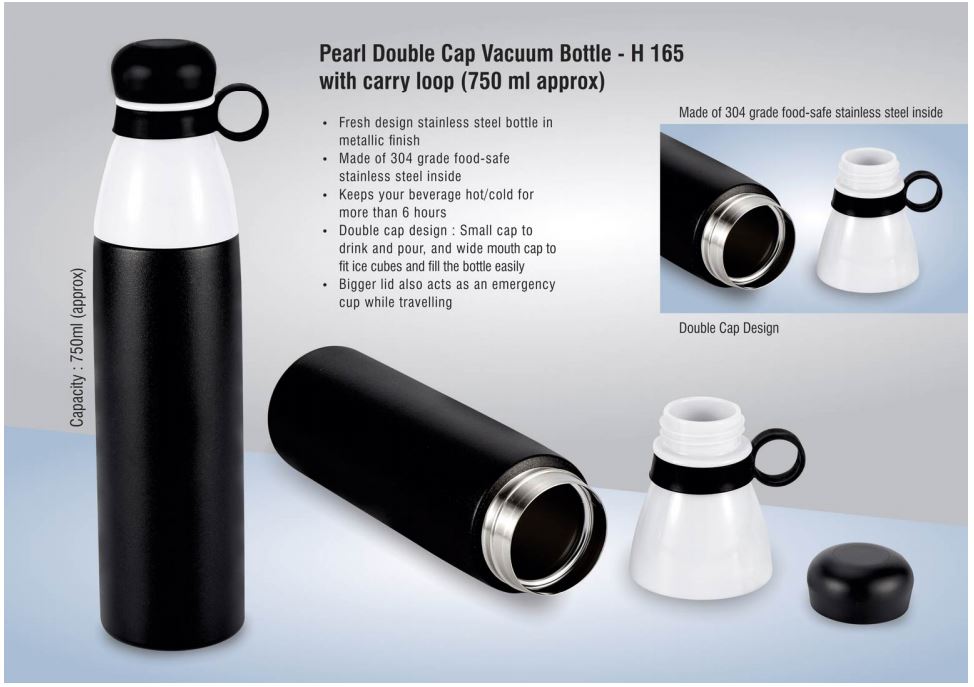 Pearl Double Cap Vacuum Bottle In Metallic Finish With Carry Loop (750 Ml Approx)