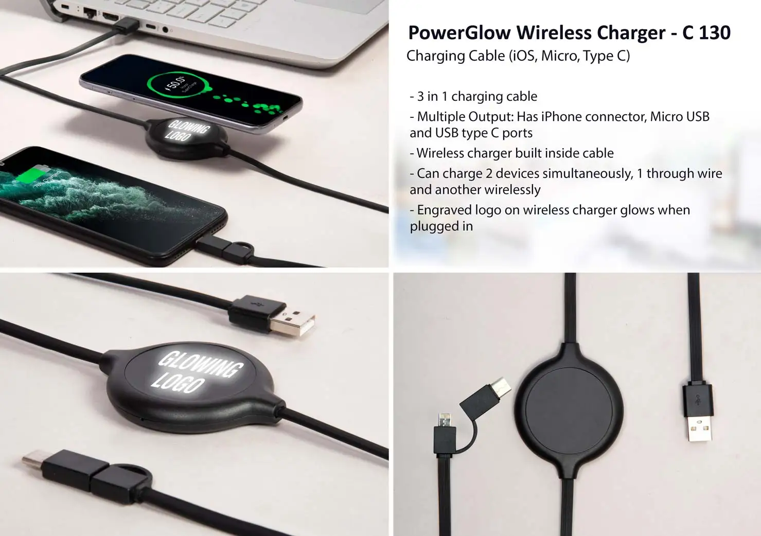 PowerGlow Wireless Charger | Charging Cable (IOS, Micro, Type C) | Logo Glow Function
