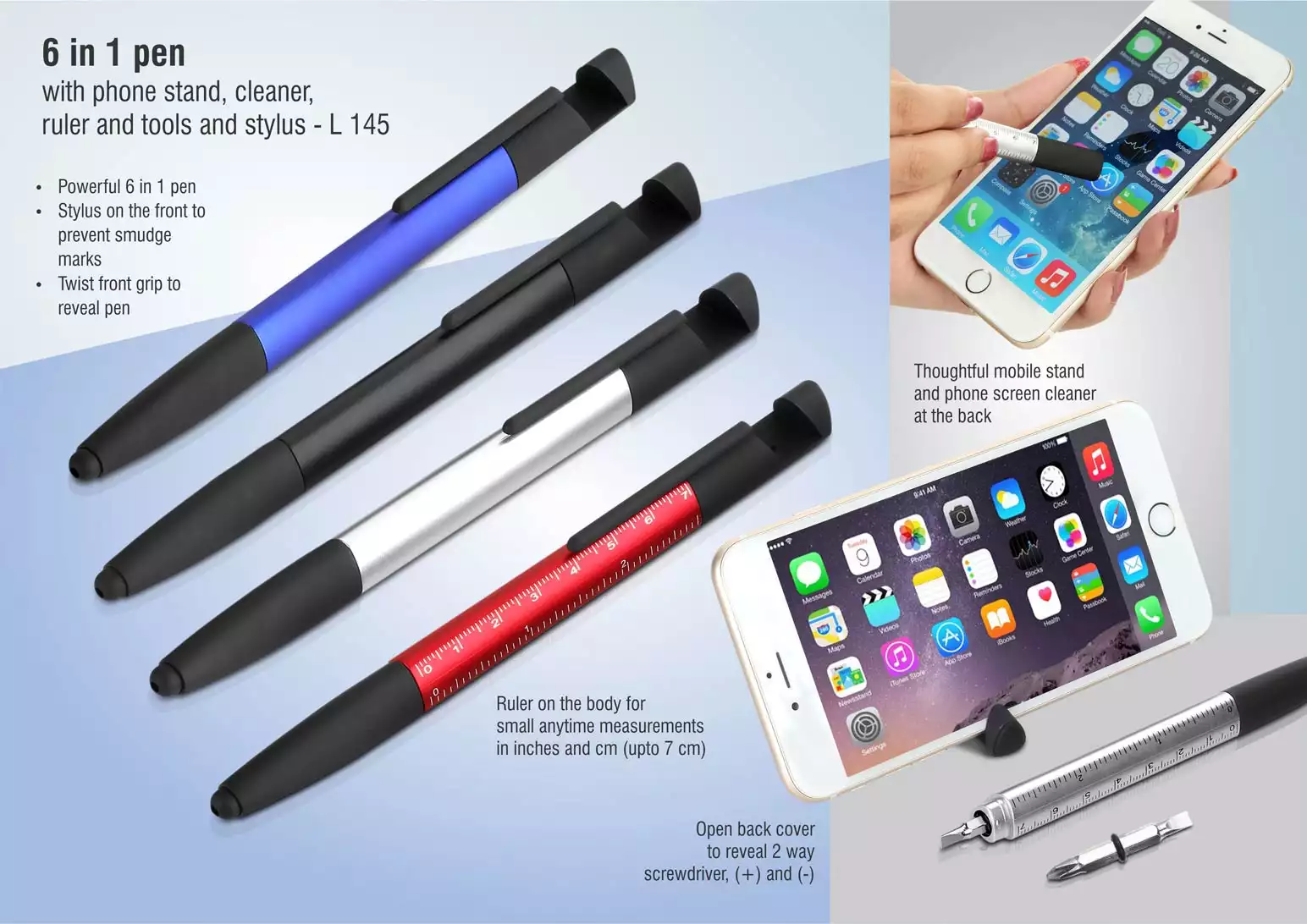 6 in 1 pen with phone stand, cleaner, ruler and tools and stylus