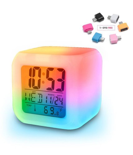 LED Table Alarm Clock With 7 Color Changing Digital Display of Time & Temperature Battery Operated 04 Information on the Screen Time, Date, Day & Temperature.