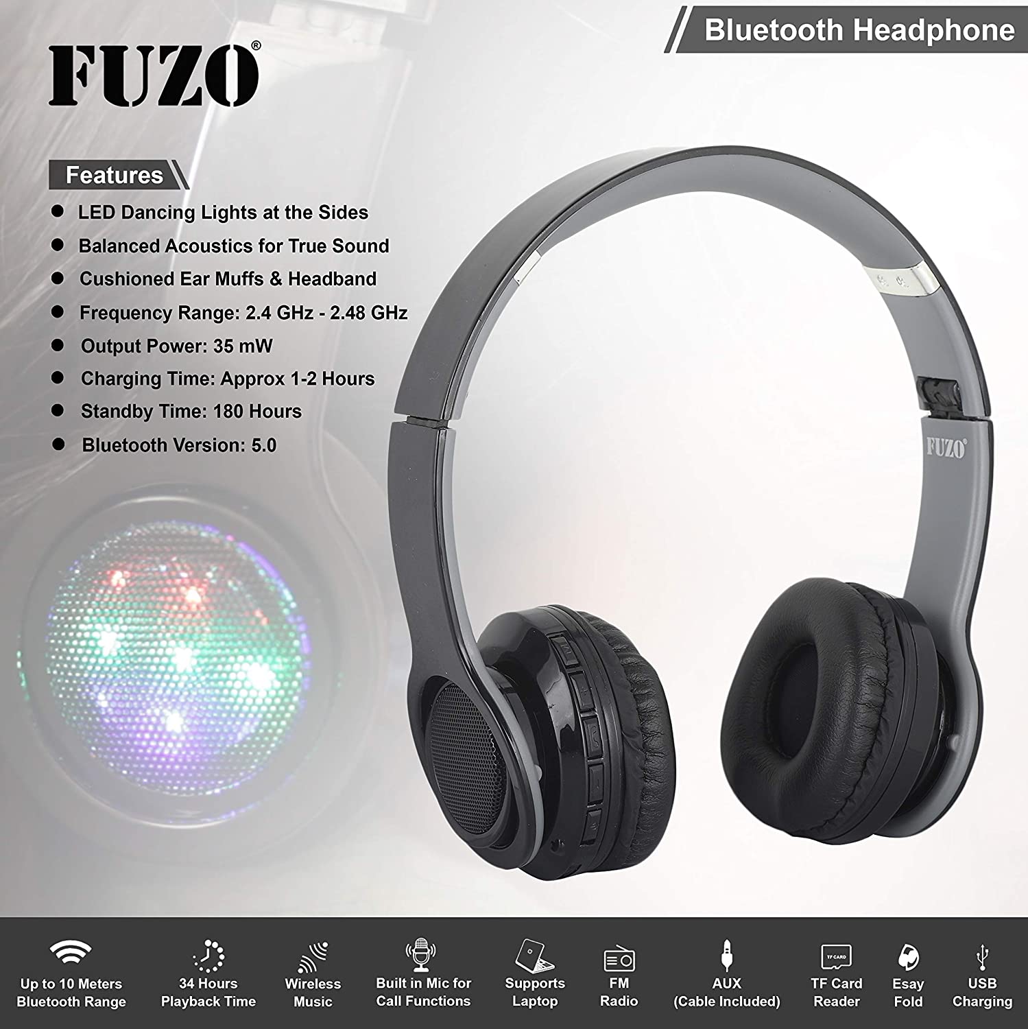 FUZO Ghetto Wireless Bluetooth Headphones with LED Dancing Lighta at The Slides, 35 mW Audio Driver, Up to 3 to 4 Hours of Play-Time & Integrated Controls with in-Built mic - Black