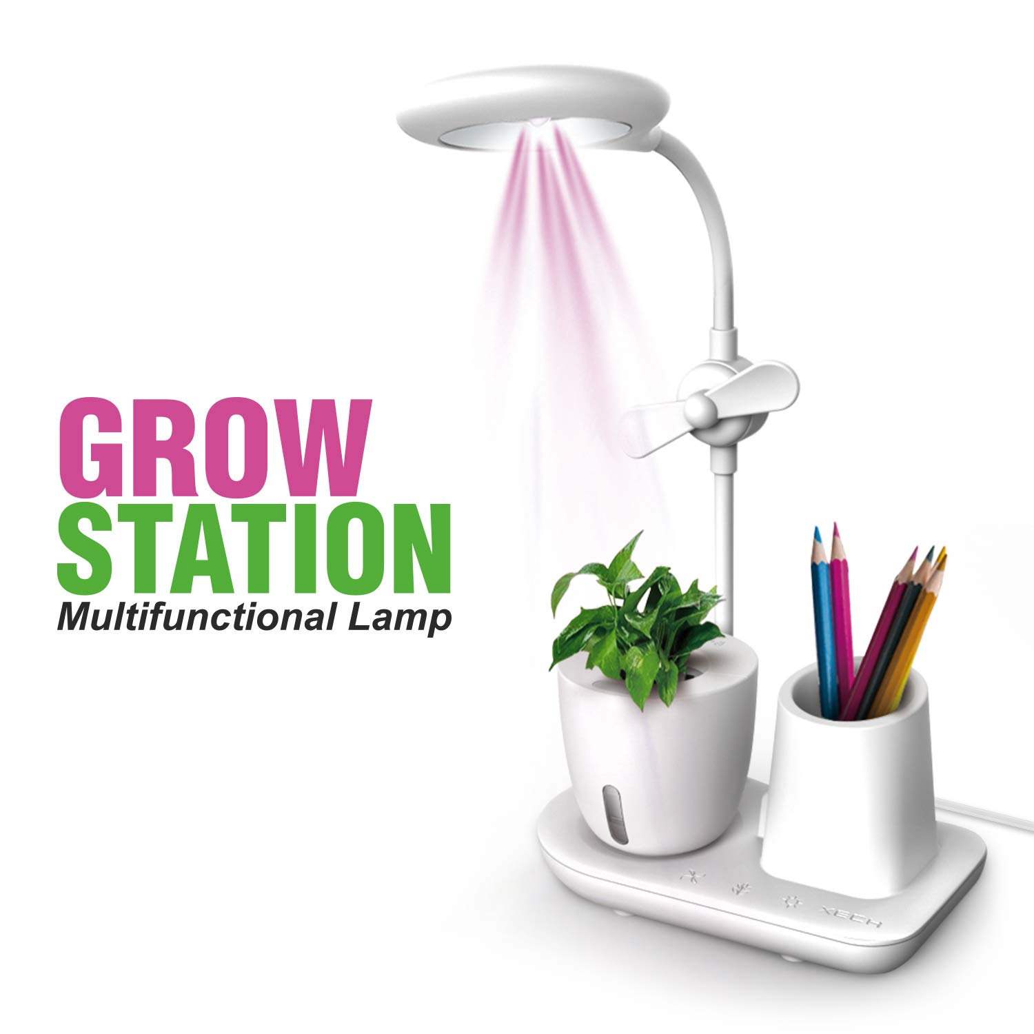 Desk Lamp with UV Light and Plant Holder Grow Station 6 in 1 Multi Functional Table Lamp with Fan Smartphone Holder USB Charging Port Smart LED Light Adjustable Brightness Oxygen Booster (White)