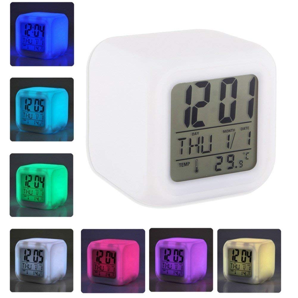 LED Table Alarm Clock With 7 Color Changing Digital Display of Time & Temperature Battery Operated 04 Information on the Screen Time, Date, Day & Temperature.