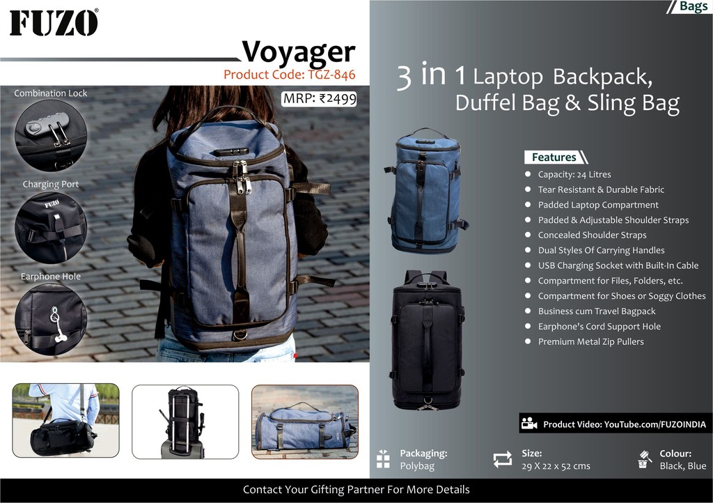 Voyager 3 In 1: Laptop Backpack, Duffel Bag & Sling Bag Item Code TGZ-846