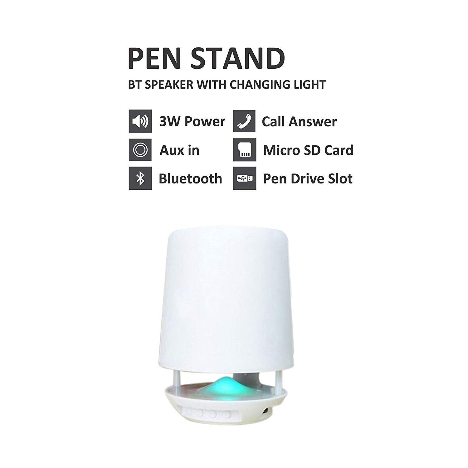 Pen Stand with Bluetooth Speaker, Multi functional Pen Stand with 3W Bluetooth Speaker, Supports AUX, USB Flash Drive, TF Card, Micro SD Card, which Changing Lights (White)