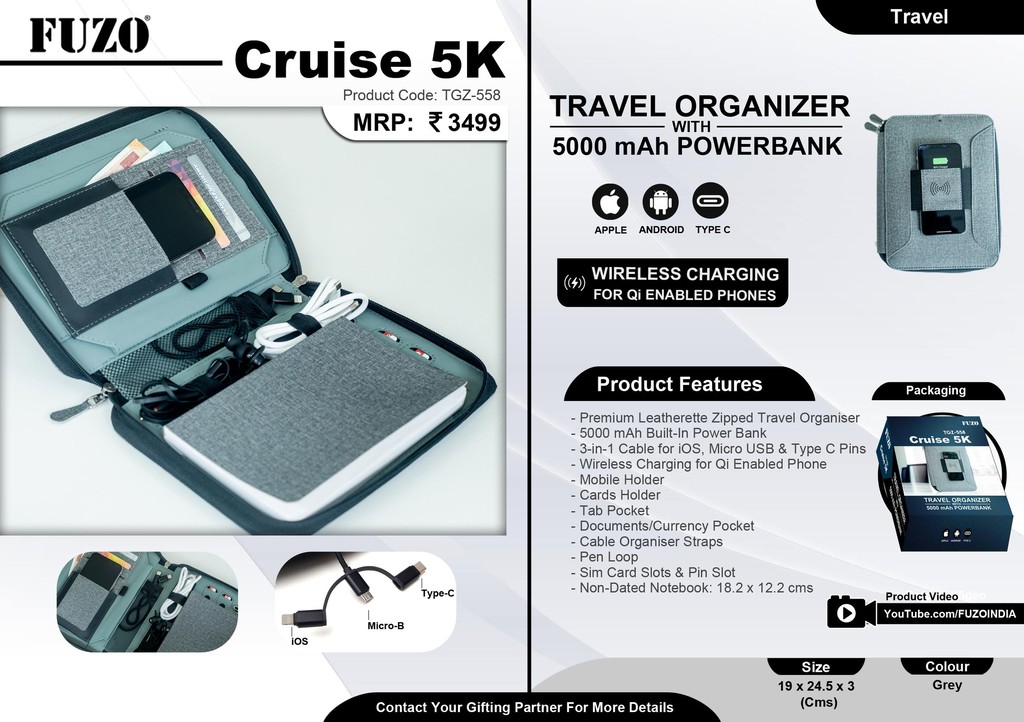 Cruise 5K Travel Organiser With 5000 MAh Powerbank