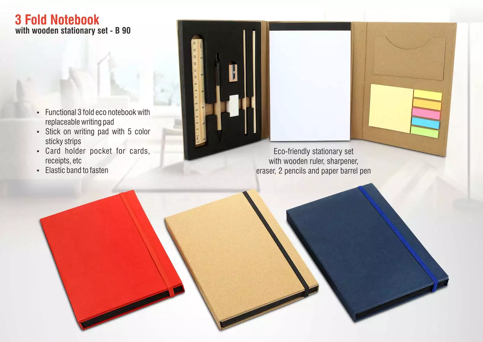 3 fold notebook with wooden stationary set