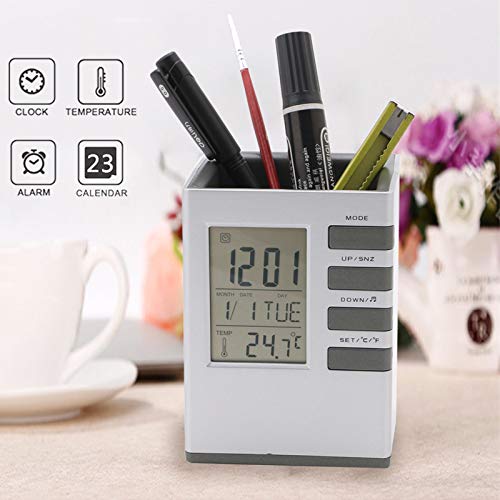 Desk Clock,Digital Alarm Clock with Voice Control Night Light Pen Pencil Holder Time Temperature Calender Week Alarm Snooze Function